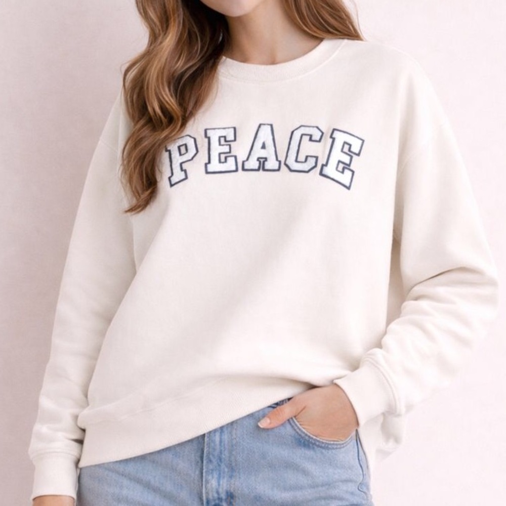 C&C California PEACE Crewneck Sweatshirt Cream Textured Appliqué Cozy 1X NWT